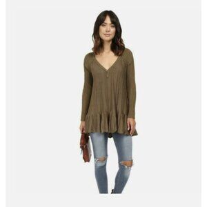 FREE PEOPLE Ribs and Ruffles Olive Green Long Sleeve Tunic Sweater Top Dress S